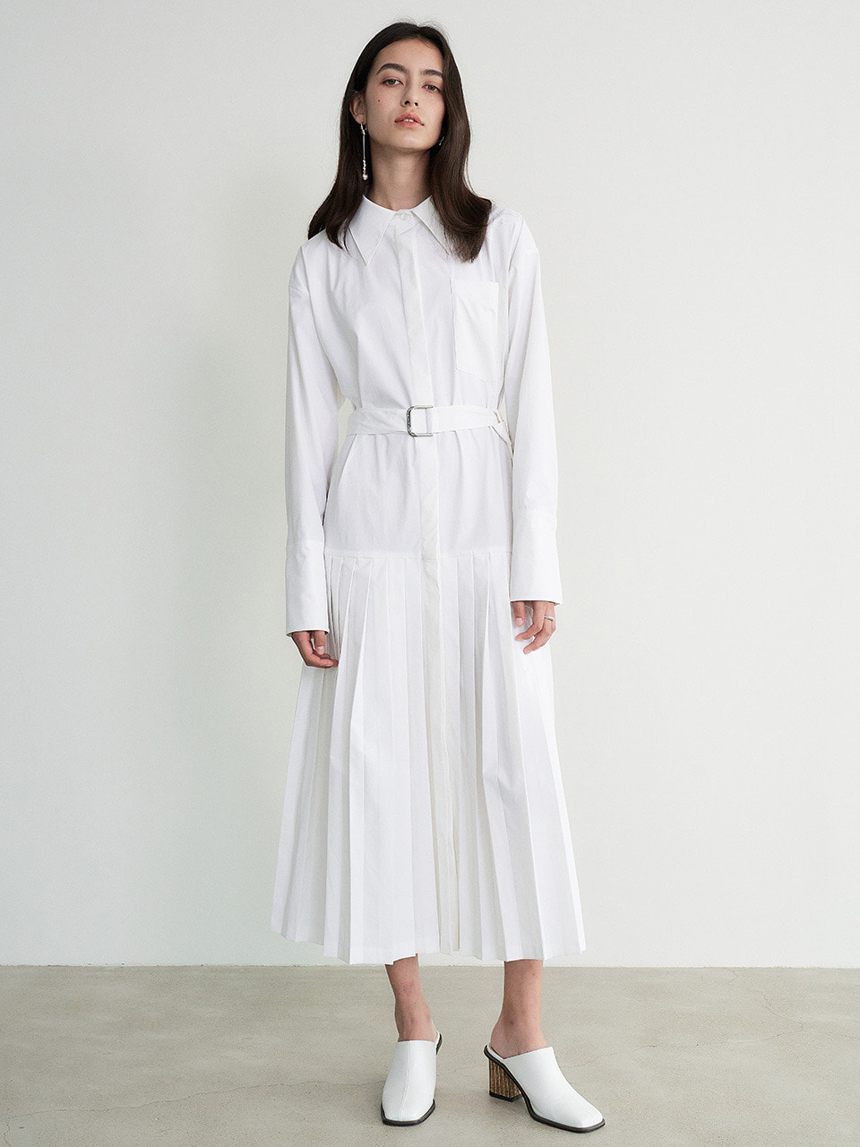 004 Pleated Cotton White Shirt Dress